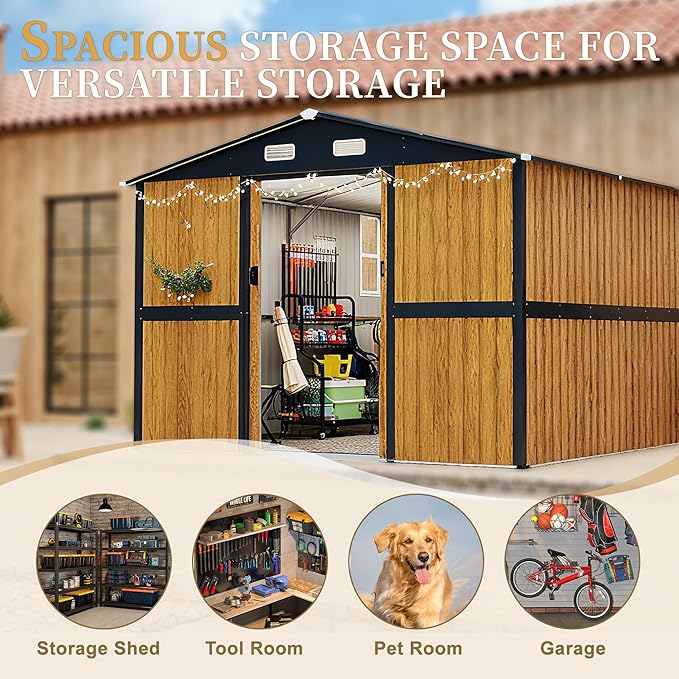KEIKI 10x12 FT Outdoor Metal Storage Shed with Lockable Doors, Windows, and Ventilation, Garden Shed for Backyard, Patio, or Tool Storage, Yellow