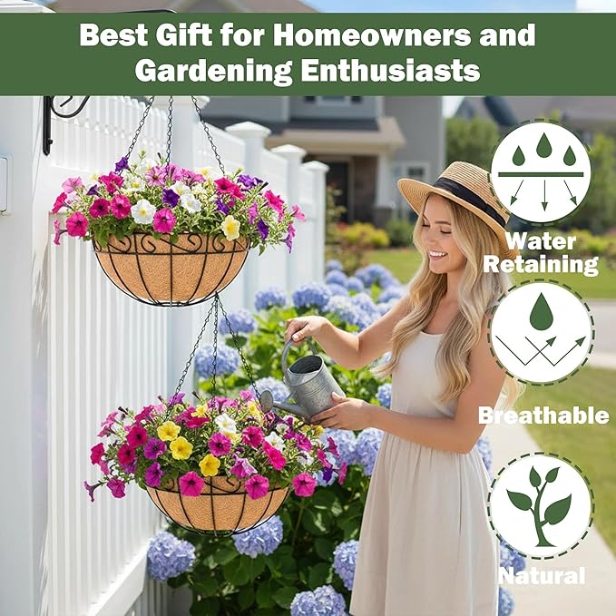 4 Pack 12 Inch Hanging Baskets for Plants Outdoor Metal Hanging Planter Basket with Coco Coir Liner Hanging Flower Baskets Hangings Flower Pots Holder for Garden, Patio(Flower)