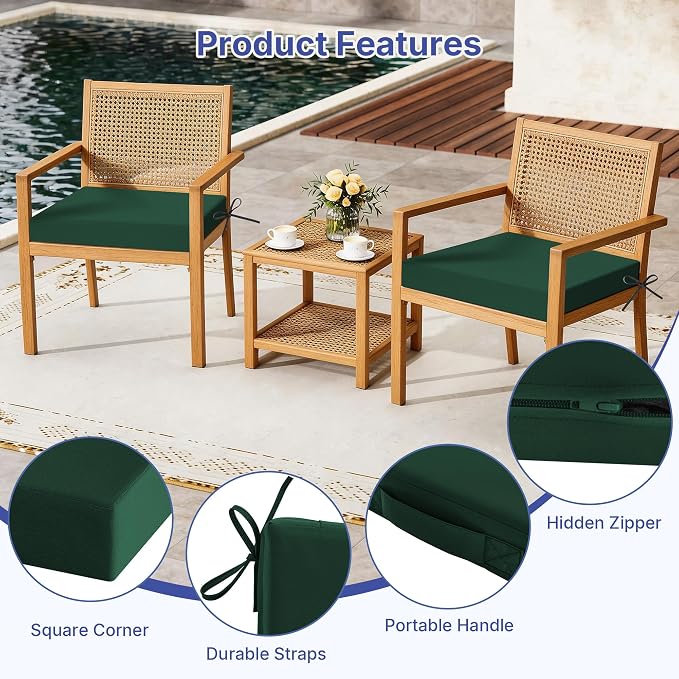 Outdoor Chair Cushions Set of 4 for Outdoor Patio Furniture, Waterproof Patio Seat Cushions with Handle & Ties, 3 Year Color Fastness Square Garden Sofa Couch Pads, 19" x 19" x 3", Dark Green