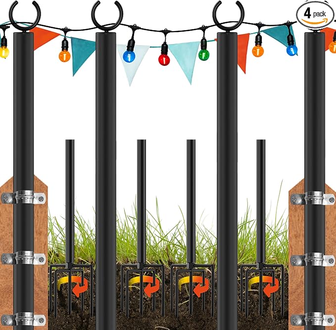 LAND·VOI 4 Pack String Light Poles, 9FT Heavy Duty Metal Light Poles for Outside String Lights, Outdoor Light Poles with 5 Prong Fork, Light Pole Stand for Patio, Backyard, Garden, Deck, Black FLP14B