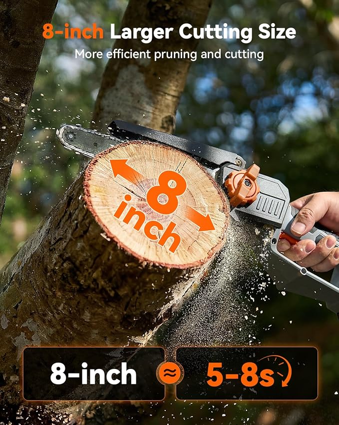 TaskStar 8-Inch Mini Chainsaw Cordless, Brushless Motor, 2×2000mAh Batteries, Lightweight One-Handed Electric Chainsaw for Cutting Thick Branches, Tree Trimming, Wood Cutting, Beginner Friendly