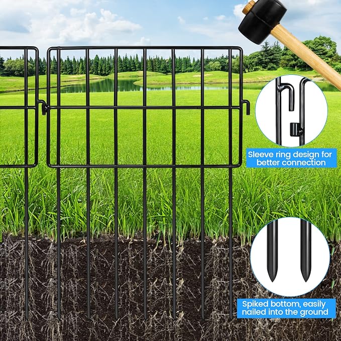 Getlay Garden Fencing Animal Barrier 36ft(L)×16in(H), 32Panels No Dig Fence, 1.5"Gap Underground Critter Barrier for Decks, Pet Dog Digging Fence Barrier. Rust-Proof Metal Black Fence Stakes