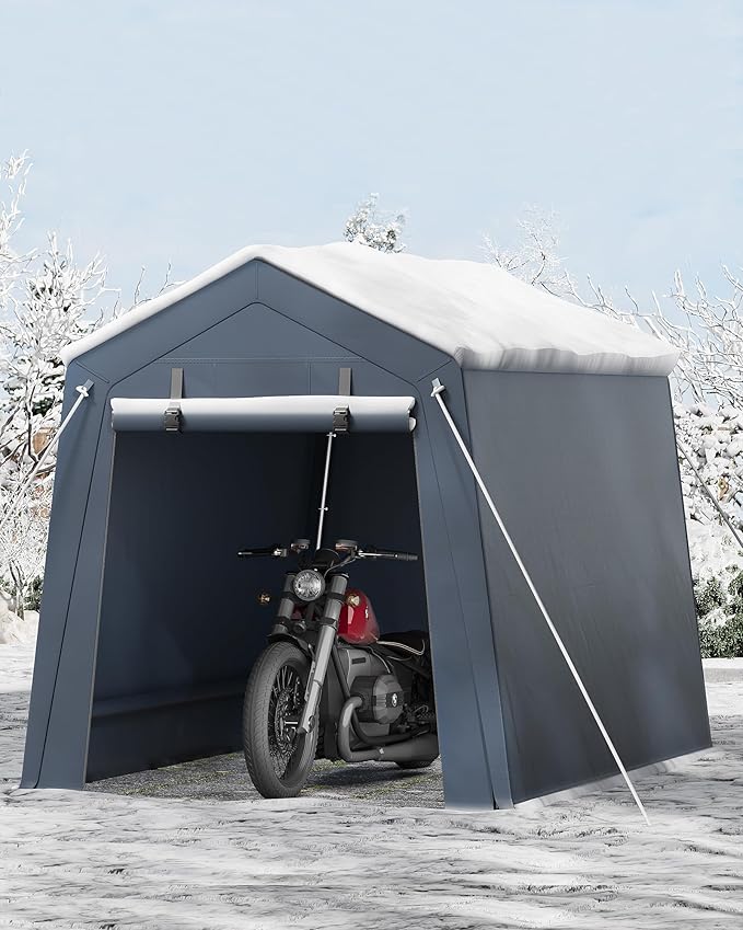 6x8 FT Portable Outdoor Storage Shed with Roll-Up Zipper Door & Vent, 240G Heavy-Duty Shelter Waterproof PE Tarp, UV-Resistant Carport for Motorcycle, Firewood, Tools -Gray