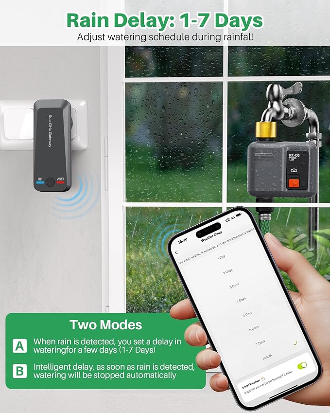 WiFi Water Timer for Garden Hose(2 Valves+1 WiFi Hub),WiFi Sprinkler Controller with 984ft RF Range,Strong Wall Penetration, Alexa&Google Voice/App Control WiFi Hose Timer with Rain Delay,Manual Mode