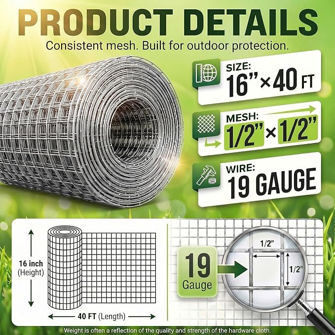 16'' x 40' Hardware Cloth 1/2 inch 19 Gauge, Hot-dip Galvanized After Welding, Chicken Coop Wire Fence Wire Mesh Screen, Rabbit/Snake Fences, Netting Wire Cloth Galvanized Wire Mesh Roll