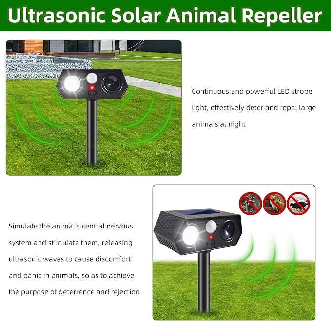 2026 Sonic Fortress Pro Deer Repellent Devices Solar Ultrasonic Animal Repellent Outdoor with Motion Sensor & Flashing Light Cat Squirrel Deterrent to Keep Racoon Rabbit Out of Yard & Garden 2 Pack
