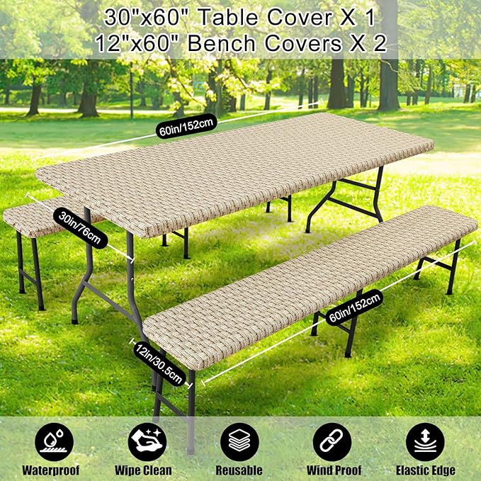 Smiry Picnic Table Cover with Bench Covers, Waterproof Elastic Fitted Tablecloth for 8 Foot Tables, Washable Polyester Tablecloths for Camping, Indoor & Outdoor (Champagne, 30x96 Inch 3-pc Set)