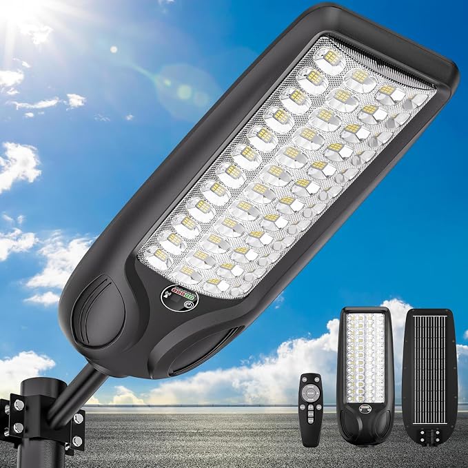 MMKT Solar Lights Outdoor Waterproof, 12000W 3 Colors Commercial Solar Street Light, Solar Parking Lot Lamp, Dusk to Dawn Security Flood Lights with Motion Sensor for Yard,Garden,Garage