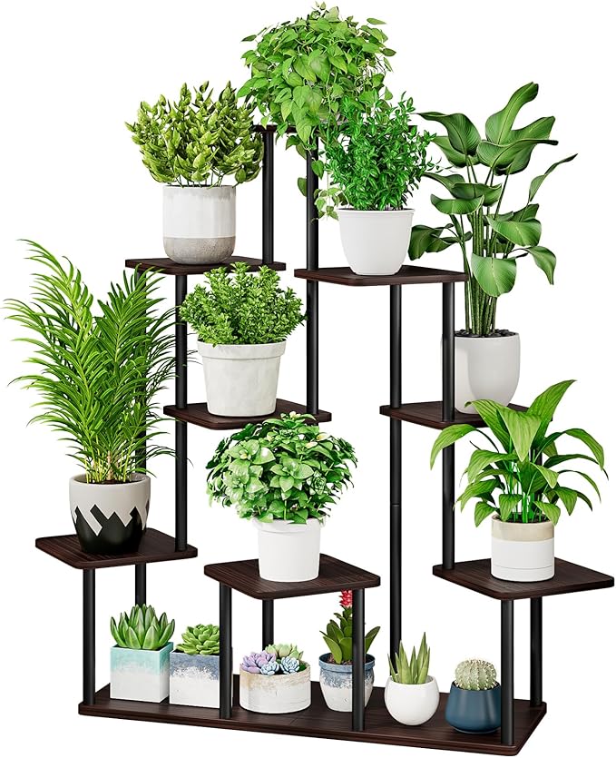 AZERPIAN Plant Stand 9 Tier Indoor Metal Flower Shelf for Multiple Plants Corner Tall Flower Holders for Patio Garden Living Room Balcony Bedroom, Black Oak
