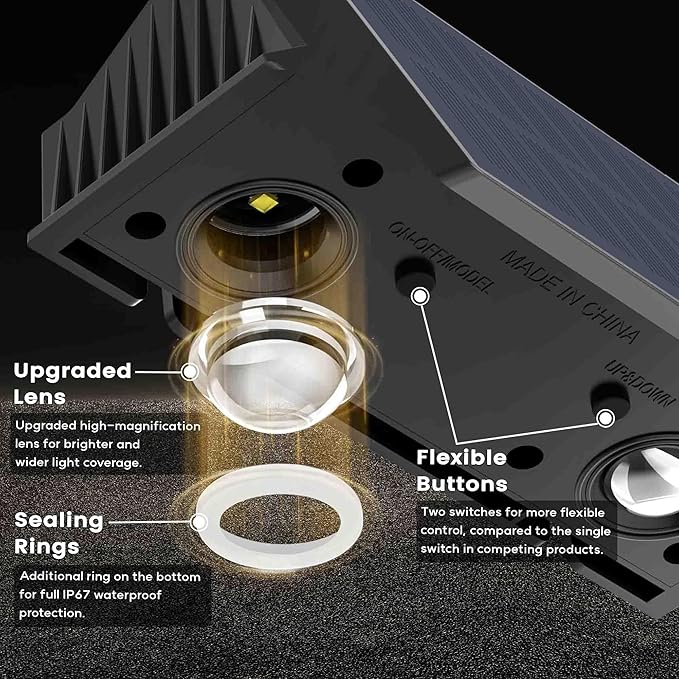Fence Lights Solar Powered, 4-Pack Solar Fence Lights Up/Down Flexible Buttons, IP67 Waterproof for Outdoor, 100LM Bright, Auto Dusk to Dawn for Wall/Stairs/Yard/Railing/Deck/Pathway (Warm White)