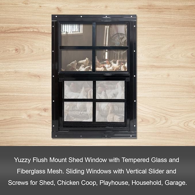 Yuzzy 12" x 18" Shed Windows with Tempered Glass and Fiberglass Screen, 2 Pack Small Sliding Windows for Shed, Chicken Coop, Playhouse, Household, Garage, Barns (Black)