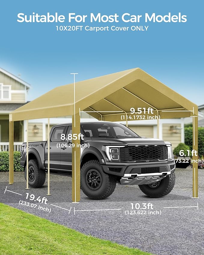 10x20 FT Heavy Duty Carport Replacement Canopy Cover, Durable Waterproof Tarp Shelter Top for Car, Garage, or Outdoor Use, Beige Color with Ball Bungees for Secure Fit