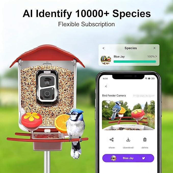 birdsnap® PAV-Bird Feeder with Camera,2K HD with 64GB Card, AI Identify Smart Bird House Cam Solar Panel,Live Stream,Motion Detection,Auto Record Video for Backyard Outdoors,Ideal Gift for Bird Lover