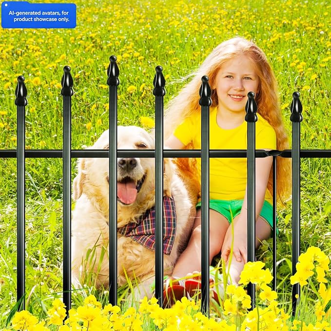 Thealyn Metal Garden Fence Panels 32" H x 24" W (4 Panels + 1 Gate, 10 Ft Total) No Digging Decorative Garden Border Fence, Rust-Resistant Black Landscape Edging for Flower Beds, Yard, Patio