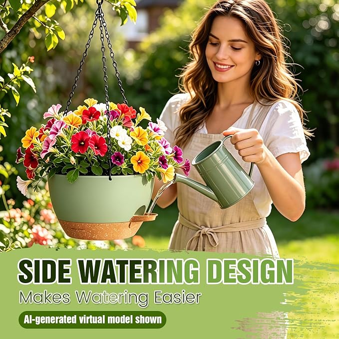 8 Inch Self Watering Hanging Planters, 3 Pack Plastic Plant Pots | Sturdy lightweight pot with side watering lip, drainage holes, snap-on detachable tray & hanging chain for easy care