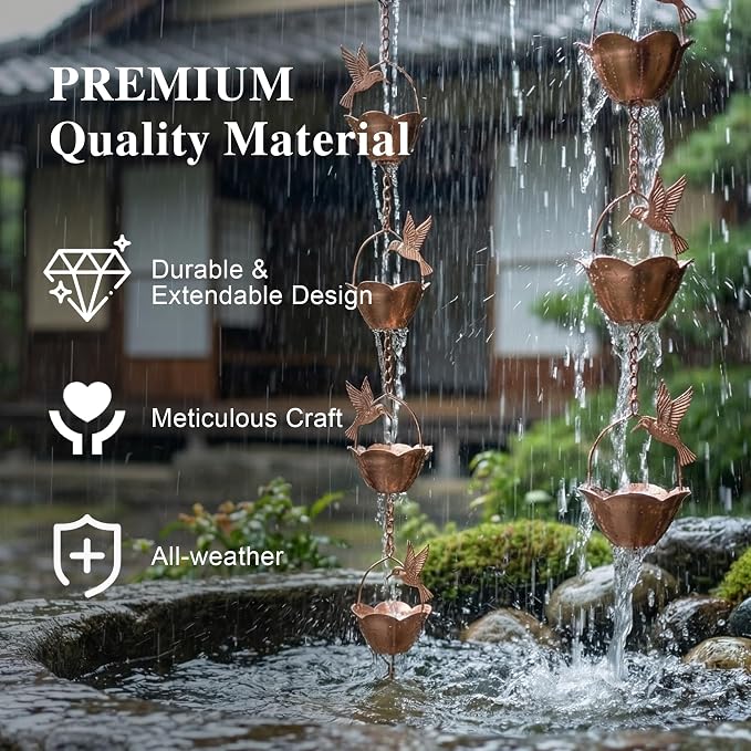 Topadorn Hummingbird Rain Chain, 7.85 ft Decorative Metal Gutter Chain with 12 Cups, Weatherproof Water Diverter for Outdoor Garden