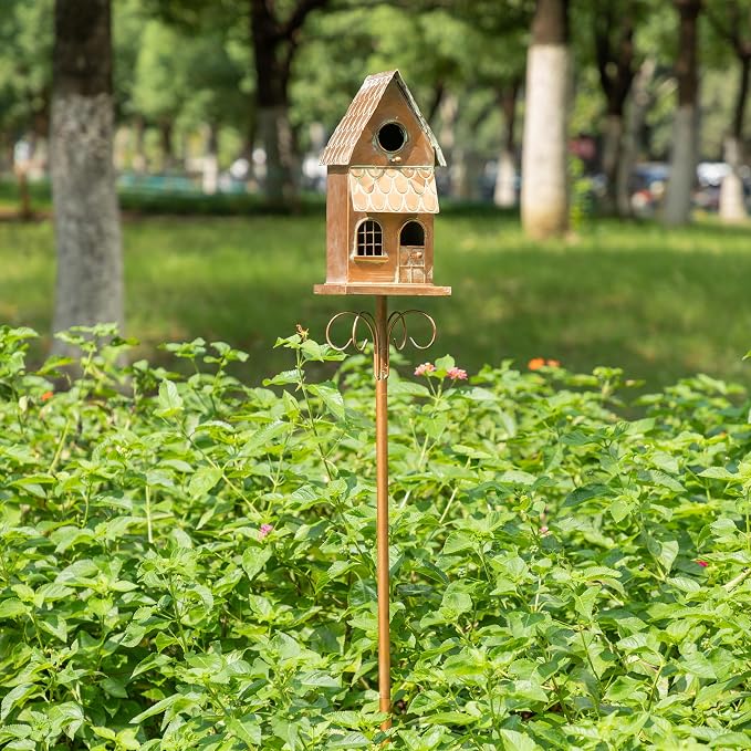 Glitzhome Birdhouses for Outdoors, Decorative Bird Houses for Outside, 53" H Farmhouse Faux Copper 2-Tiered Distressed Metal Bird House Garden Birdhouse with Stake for Outdoor Patio