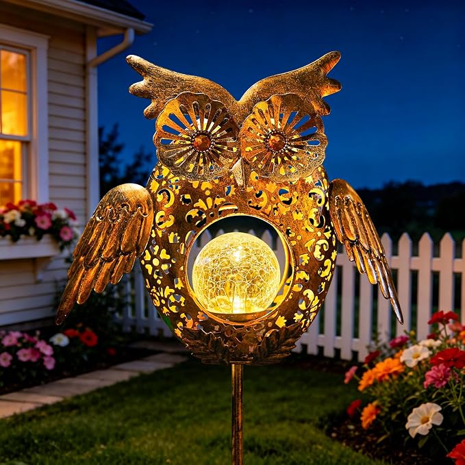Go2garden Solar Lights Outdoor Owl Garden Gifts Mom Metal Stakes Lights for Lawn Ornaments, Yard Art, Pathway Decorations,Birthday Mothers' Day Gift for Grandma Wife (Bronze)