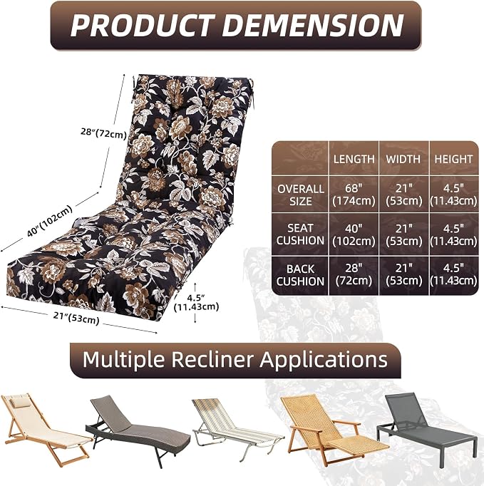 Patio Chaise Lounge Cushions, 68"x21"x4.5" Waterproof Replacement Beach Pool Lawn Outdoor Lounge Chair Cushion with Pocket, Non-Slip Bottom & Secure Ties for Outdoor Furniture, Flower Black