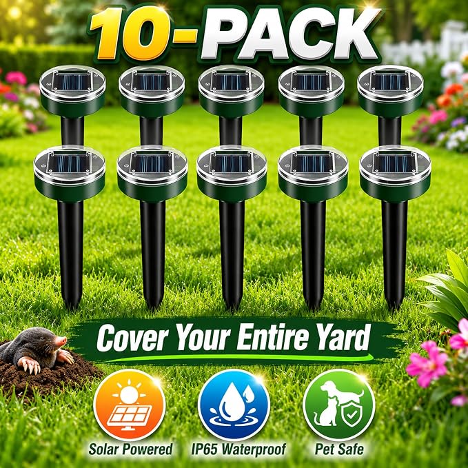 Ultrasonic Mole Repellent Solar Powered, 10 Pack | Mole, Gopher & Vole Repellent, Sonic Burrowing Pest Control, Snake & Groundhog Repellent, Pet Friendly, Outdoor Waterproof