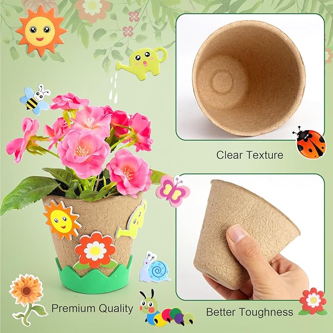Ayfjovs 80 Pack Garden Paper Pot Craft Kit, Spring Crafts for Kids Bulk-80 Pack Paper Peat Pots with 300PCS Adhesive Foam Stickers and 80pcs Labels for Kids Science, Garden Gift, Classroom Decoration