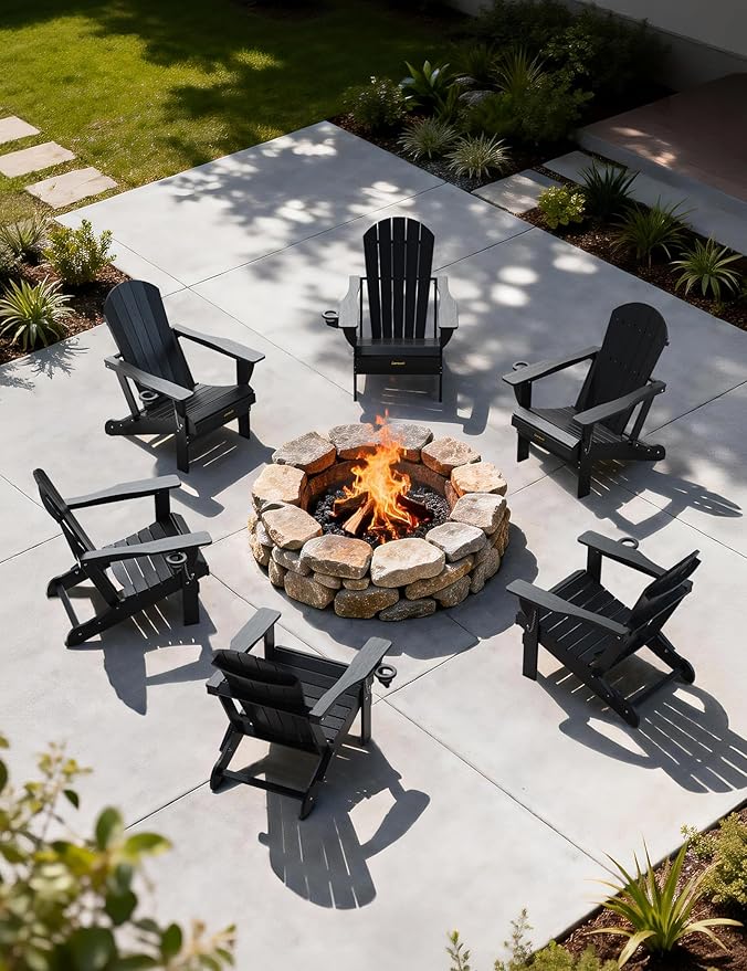 Plastic HDPE Adirondack Chair,Set of 6,Folding Adirondack Chair Weather Resistant with Cup Holder, Wooden Textured Fire Pit Outdoor Chair for Garden, Porch, Lawn, Backyard, Supports 380LBS, Black