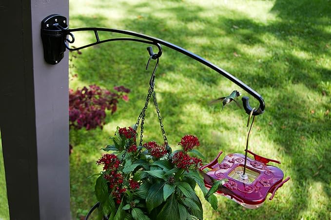 BirdsUP Hanging Bracket for Bird Feeders, Planters, Chimes, Heavy-Duty, Holds up to 25 lbs, 2 Hooks with Rubber Bumpers, Black, Screws Included