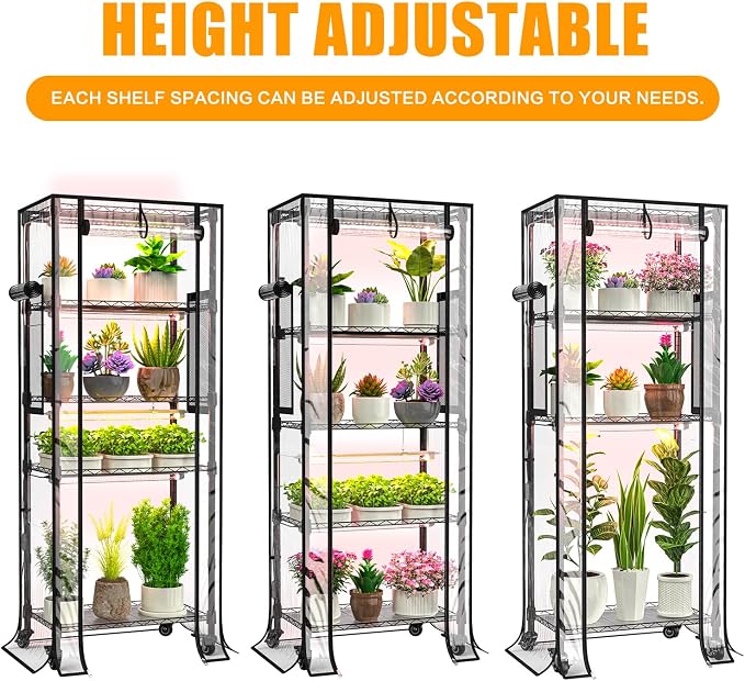 Indoor Greenhouse with Grow Lights, 5 Tier 23.2" L×13.4" W×61.4" H, with 72W Full Spectrum Growing Lamps for Seed Starting，Grow Light Shelf with Tent and Thermometer