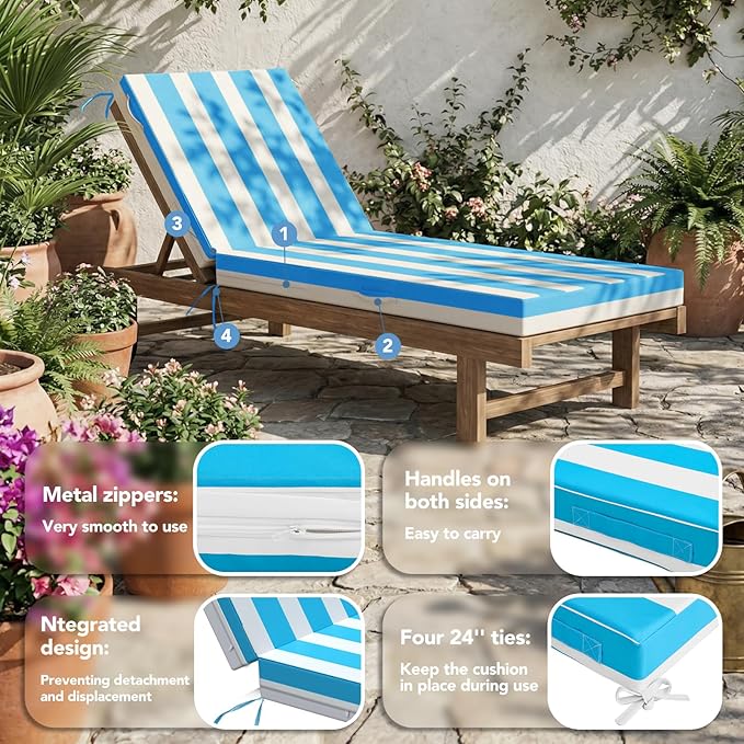 L'AGRATY Outdoor Lounge Chaise Cushion: 72x21x3 Inch Waterproof Lounge Chair Cushion for Outdoor Furniture with Fade Resistant Removable Cover - Patio Cushions for Pool Lawn Deck(Blue White 1Pack)