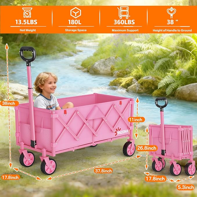 35" L Extra Long Wagons Carts Foldable, 360LBS Heavy Duty Collapsible Wagon with Wheels, Folding Wagon Portable Utility Cart for Groceries, Shopping, Camping, Sports (Pink, 180L)