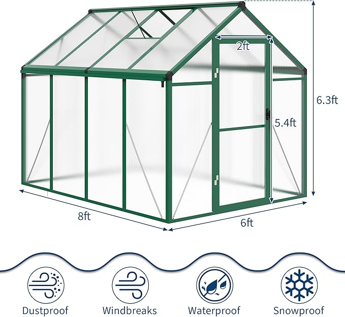 6×8 FT Greenhouse, Large Walk in Greenhouses for Outdoors and Garden Planting, Polycarbonate Greenhouse with Enhanced Aluminum Frame, Green Houses with Quick Setup Structure and Roof Vent, Green