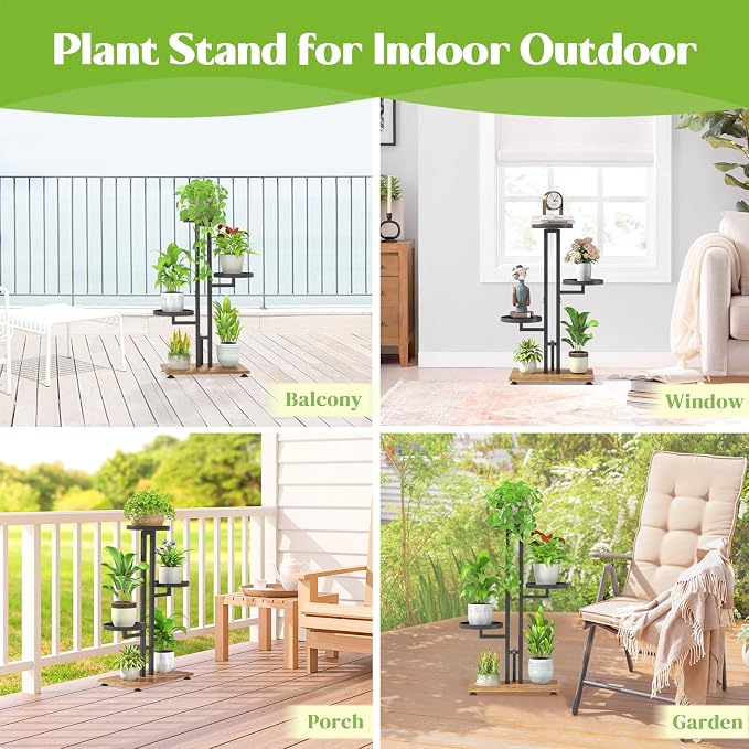 iDavosic.ly Plant Stand for Indoor Outdoor Set of 2, 4 Tier Metal Flower Pot Display Holder Shelf and 3 Layer Tall Corner Orchid Rack for House Patio Balcony Garden Living Room Porch, Black