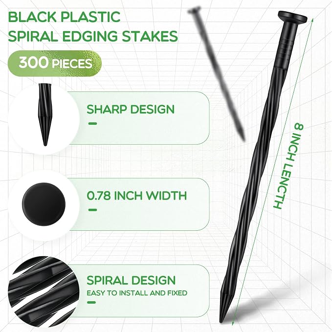300 Pcs Landscape Edging Stakes Bulk 8 Inch Spiral Landscape Anchoring Spikes Plastic Edging Nails Yard Garden Anchoring Spikes for Weed Barrier Paver Edging Artificial Turf Stakes