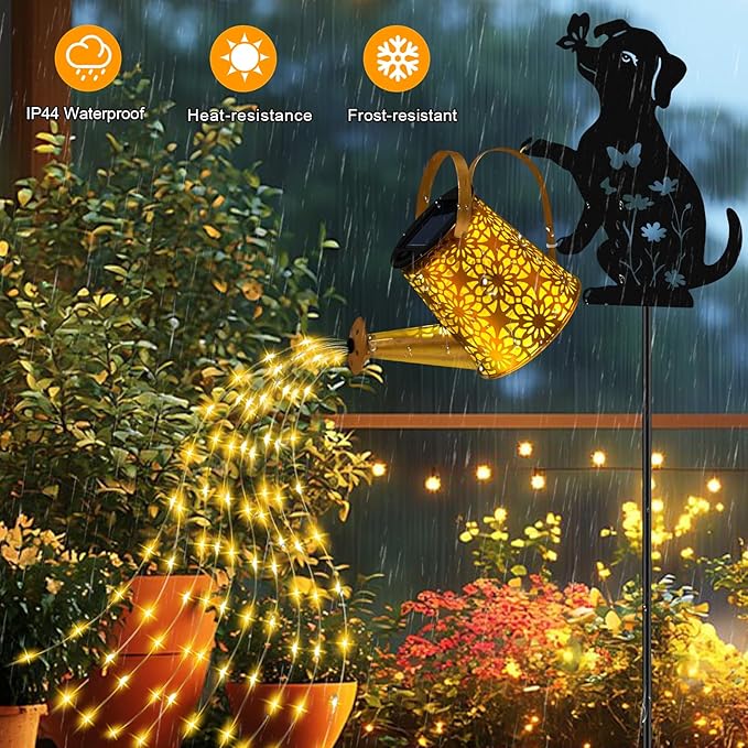 Solar Lights Outdoor Decorative, Watering Can with Cascading Lights, with Dog Silhouette Garden Stakes, Waterproof Metal Garden Decor Mom 2 Pack