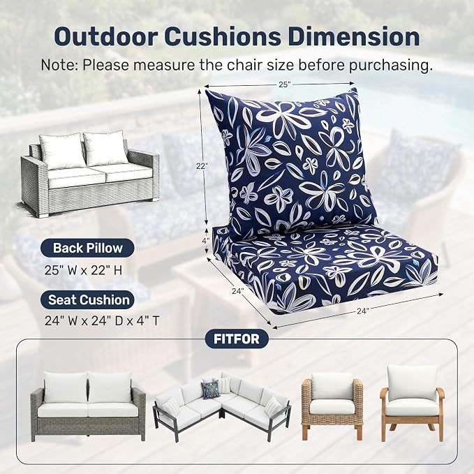 UNIKOME Outdoor Seat Cushions 24 X 24 Inch - Water-Resistant & Fade Resistant, Removable Cover Patio Furniture Cushions for Chair, Sofa, Couch, Wicker, NavyBlue/White
