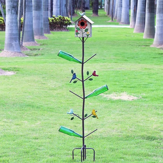 58" H Multifunctional Metal Bird House Glass Bottle Tree Stake for Outdoor Colorful Garden Decorative Bottle Holder & Outdoor