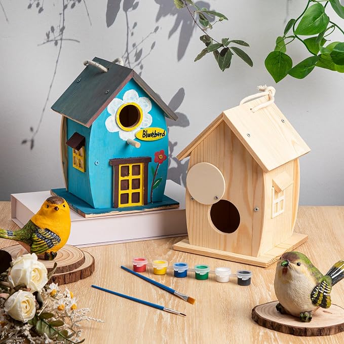 Liliful 8 Pack Wooden Bird House, Build It Yourself Woodworking Kit for Adult Kids 4-8, 8-12 with Paint and Paintbrushes, Solid Weather Proof Natural Pine Wood, Pre Drilled (Rural Style)