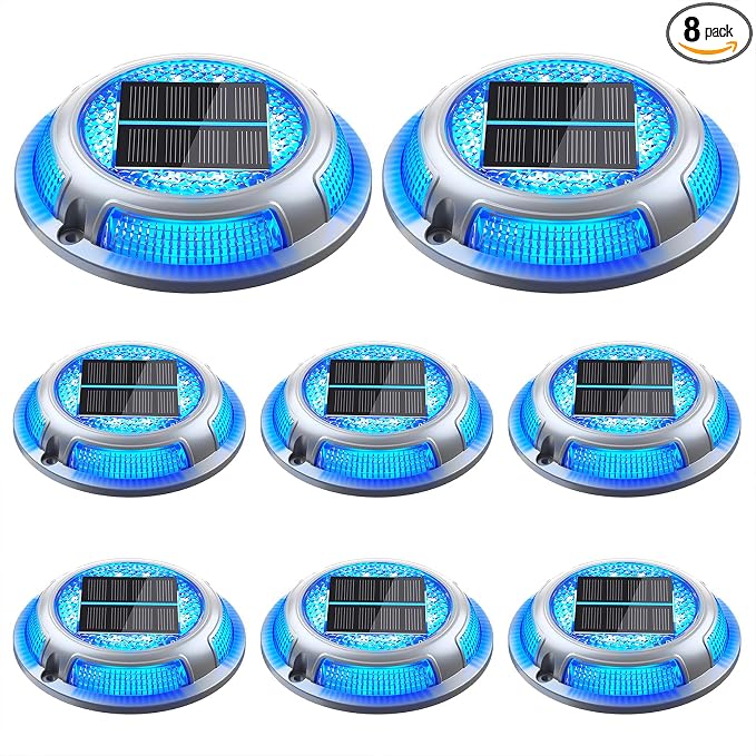 Solar Driveway Lights, 8 Pack Heavy Duty Driveway Lights Solar Powered 2 Color Mode (Cool White/Blue) IP68 Waterproof Outdoor Solar Deck Lights with Ground Stake for Pathway Garden Yard Walkway Dock