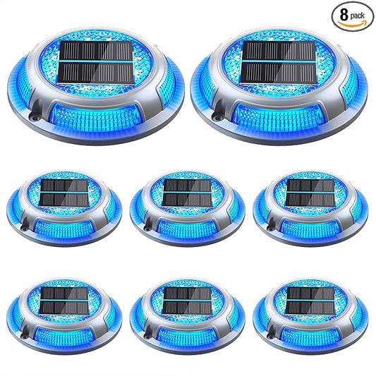 Solar Driveway Lights, 8 Pack Heavy Duty Driveway Lights Solar Powered 2 Color Mode (Cool White/Blue) IP68 Waterproof Outdoor Solar Deck Lights with Ground Stake for Pathway Garden Yard Walkway Dock