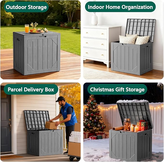 Outdoor Storage Box,30 Gallon Deck Box Outdoor Storage Bench Outside Waterproof Resin Storage Bench, Lockable Patio Cushions, Garden Tools Storage For Furniture, UV Resistant Gray