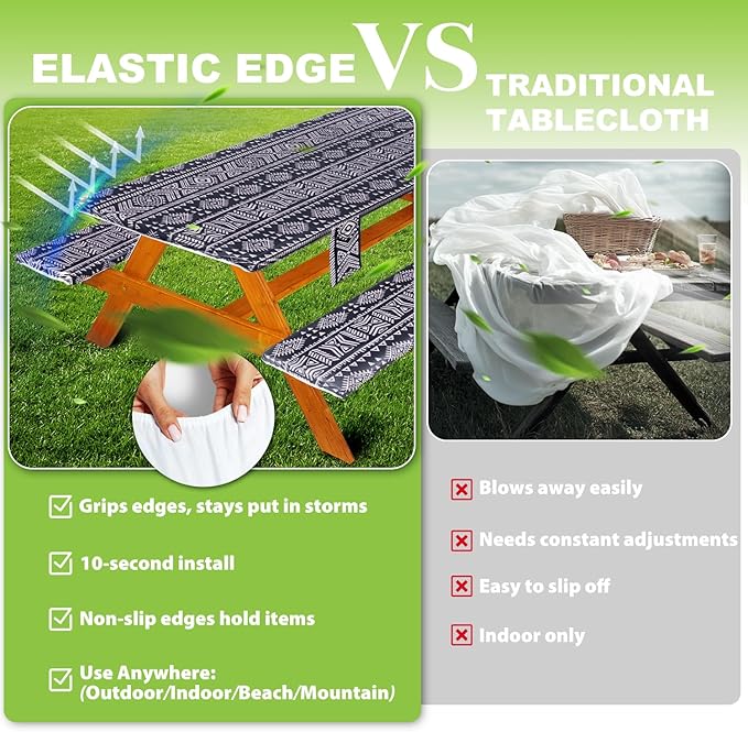 Picnic Table Cover with Bench Covers Vinyl Elastic Edges Fitted Rectangle Seat Tables Waterproof 3-Piece72X30in Set Outdoor Rectangular Folding Backing Tablecloth for Camping Over Size