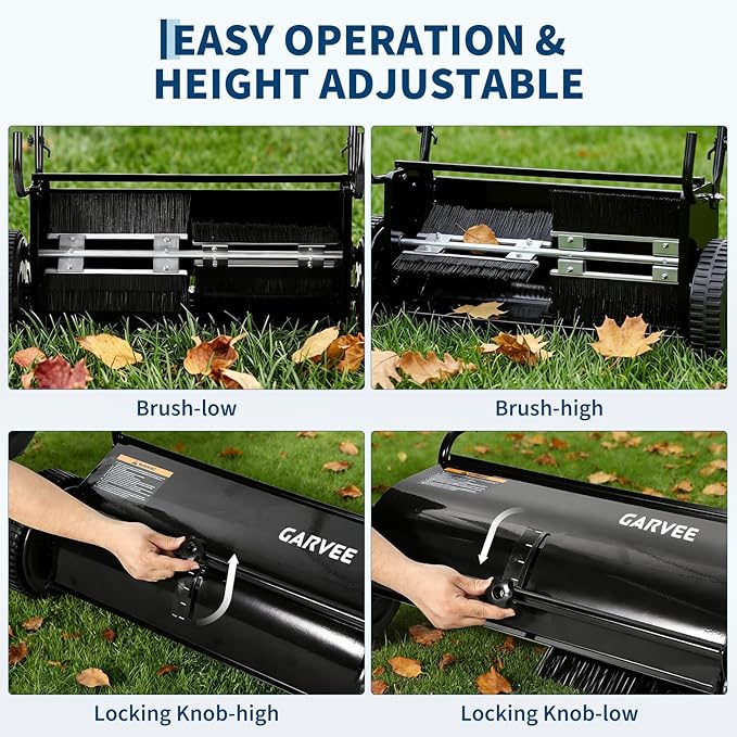 Push Lawn Sweeper, 26-Inch Width, 7 Cu. ft. Hopper Capacity, 4 Spinning Brushes, Adjustable Height, Durable Steel Frame with Rubber Wheels, Ideal for Leaves and Grass