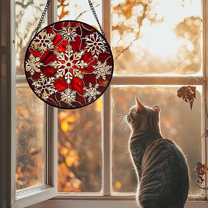DASTOLL Stained Glass Window Hanging 4 Pcs Set Red Christmas Elk Snowflakes 9.8" - Deer Suncatcher Door Garden Sun Catcher Decor Birthday for Mom Woman Nana Men Friend