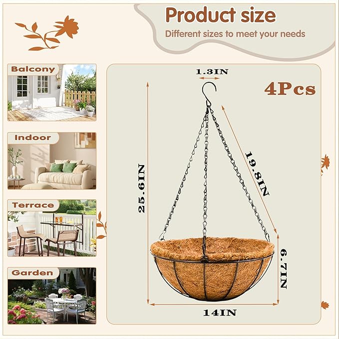 14 inch Metal Hanging Baskets For Plants Outdoor 4 Pack Round Metal Wire Hanging Basket Planter with Coco Fiber Liners Chain Round Wire Plant Holder for Garden, Patio, Deck, Porch Plants Flower Potss