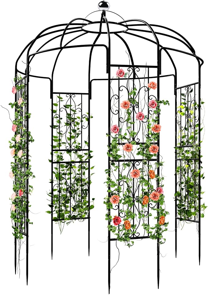 Birdcage Shape Garden Arch Arbors, 9.8'H x 6.8'W (81.5"W x 118"H) Pergola Pavilion for Climbing Plants Outdoor, Wedding Arches for Ceremony Party, Metal Garden Arbor for Patio, Backyard (Black)