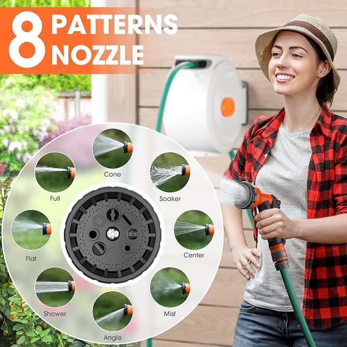 Retractable Garden Hose Reel - 1/2 inch x 100ft Wall Mounted Hose Reel with 3/4 inch Brass Fitting & 8 Function Sprayer Nozzle - Any Length Lock, Auto Rewind System, 180°Swivel Bracket