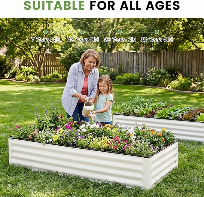 INNO STAGE Galvanized Raised Garden Bed Kits, 6x3x1ft Metal Raised Garden Beds Outdoor, Large Steel Raised Planter Bed with Gloves for Vegetables & Flowers Patio Ground Planter Box (White, 2PCS)