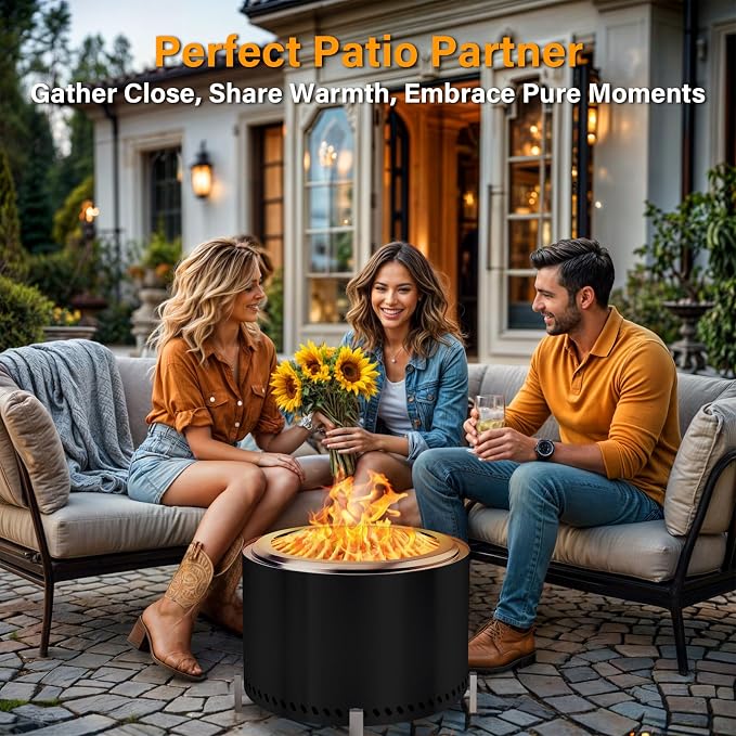 HGD 19.5" Smokeless Firepit with Stand, Stainless Steel Wood Burning Fire Pit for Friends & Family Gatherings, Secondary Combustion Outdoor Patio Stove for Garden BBQ & Bonfire (Black)