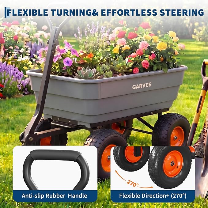 Garvee Poly Garden Dump Cart, Heavy Duty 1200lbs Wheelbarrow Yard Cart Dump Wagon with 13”All Terrain Wheels, Garden Utility Wagon with Quick Release System& Convertible Handle Attach to ATV (Gray)