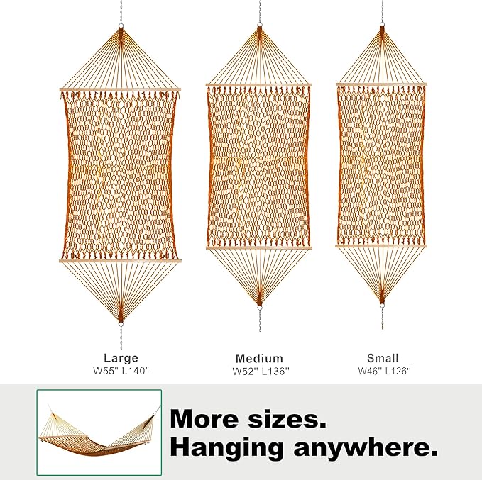 GAFETE 12ft Double Hammocks for Outside, Handwoven Traditional Cotton Rope 2 Person Hammock with Hardwood Spreader Bar, Chains & Hooks for Indoor Outdoor, Max 450 lbs Capacity (Coffee Brown, Medium)